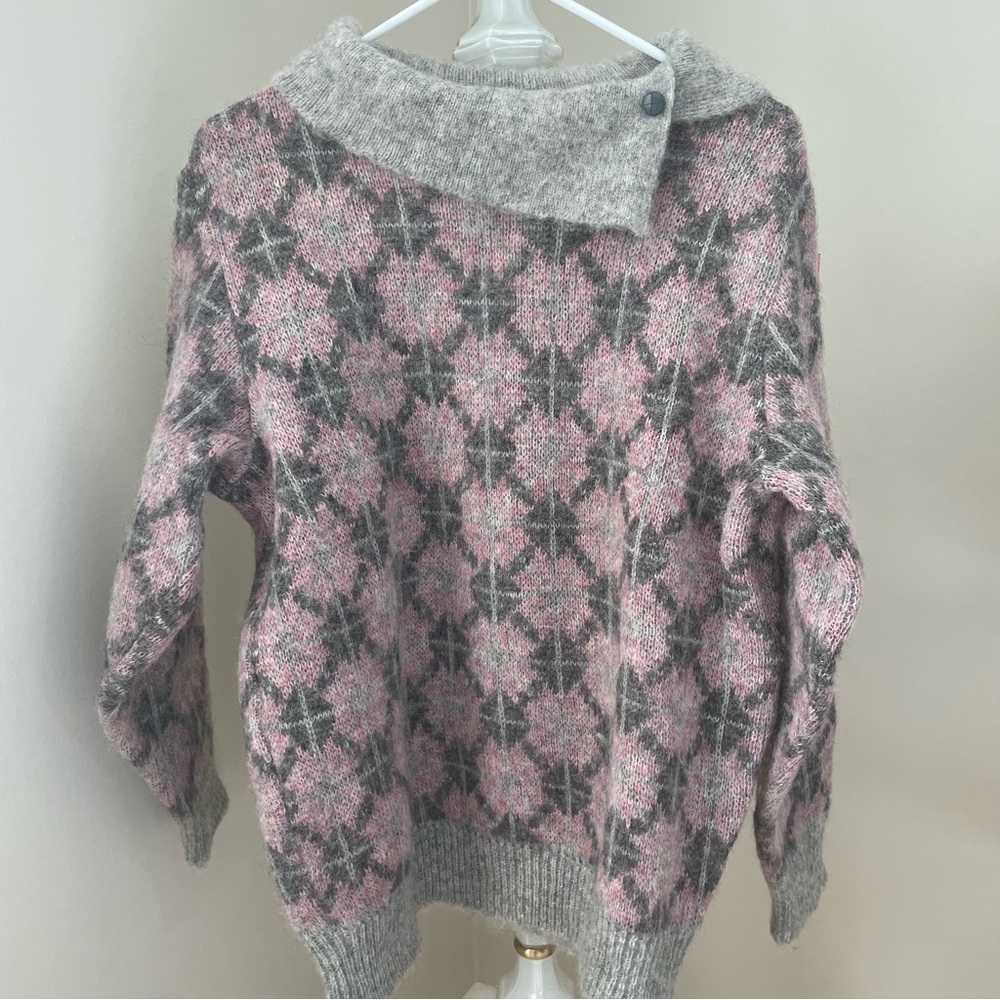 Vintage Iceware Icelandic 100% Wool Cowl Neck Sweater Pink Grey Size M